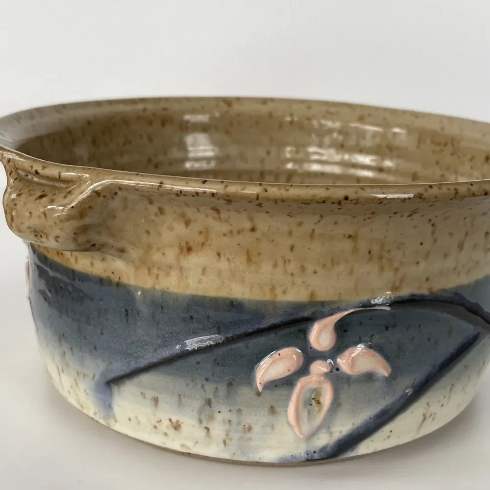 Artist Signed Art Pottery Bowl Handles Hand Thrown Blue 3D Flower Hand Thrown
